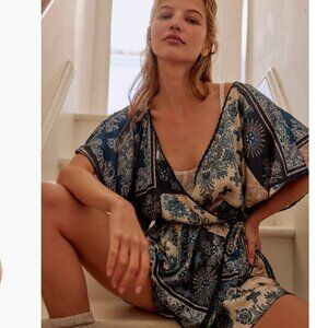 Free People NWOT Oasis Satin Faux Wrap Pajama Romper - S